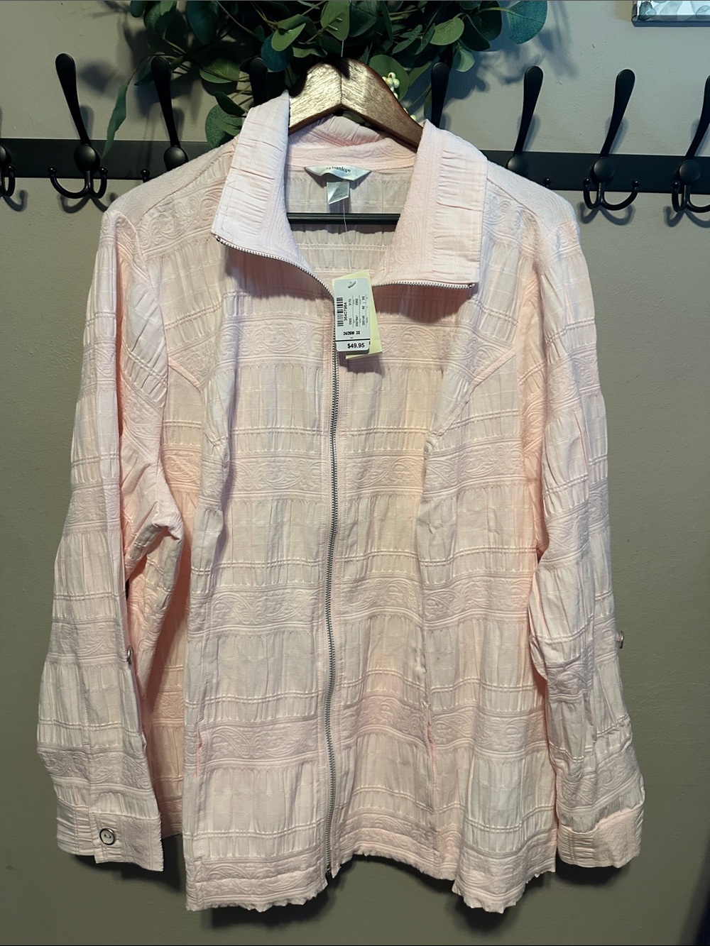 CJ Banks Light Pink Textured Zip-Front Utility Jacket
